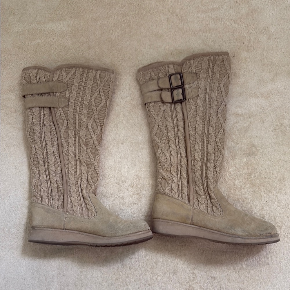 Knee-High Cable Knit Boots with Buckles
